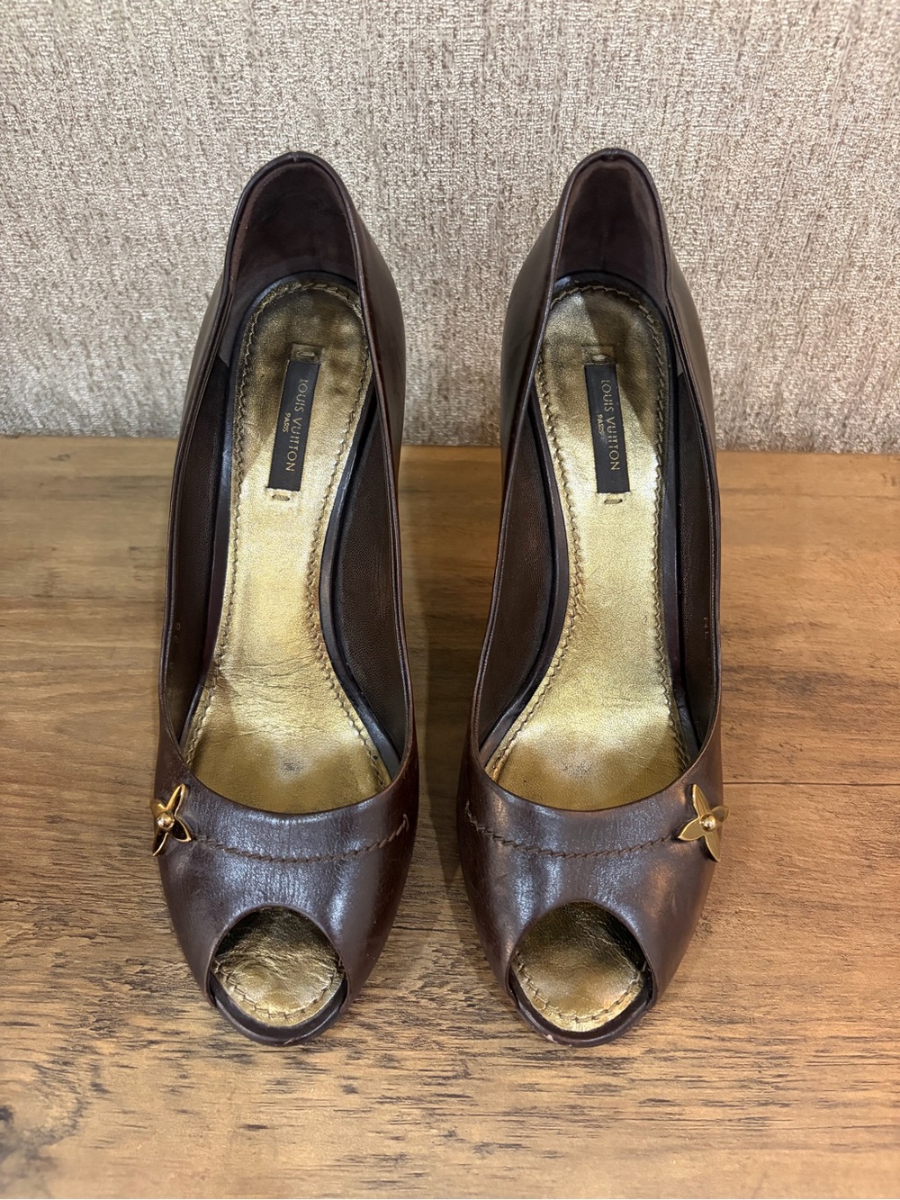 Louis Vuitton Dark Brown Leather Peep-Toe Heels with Gold Accent
